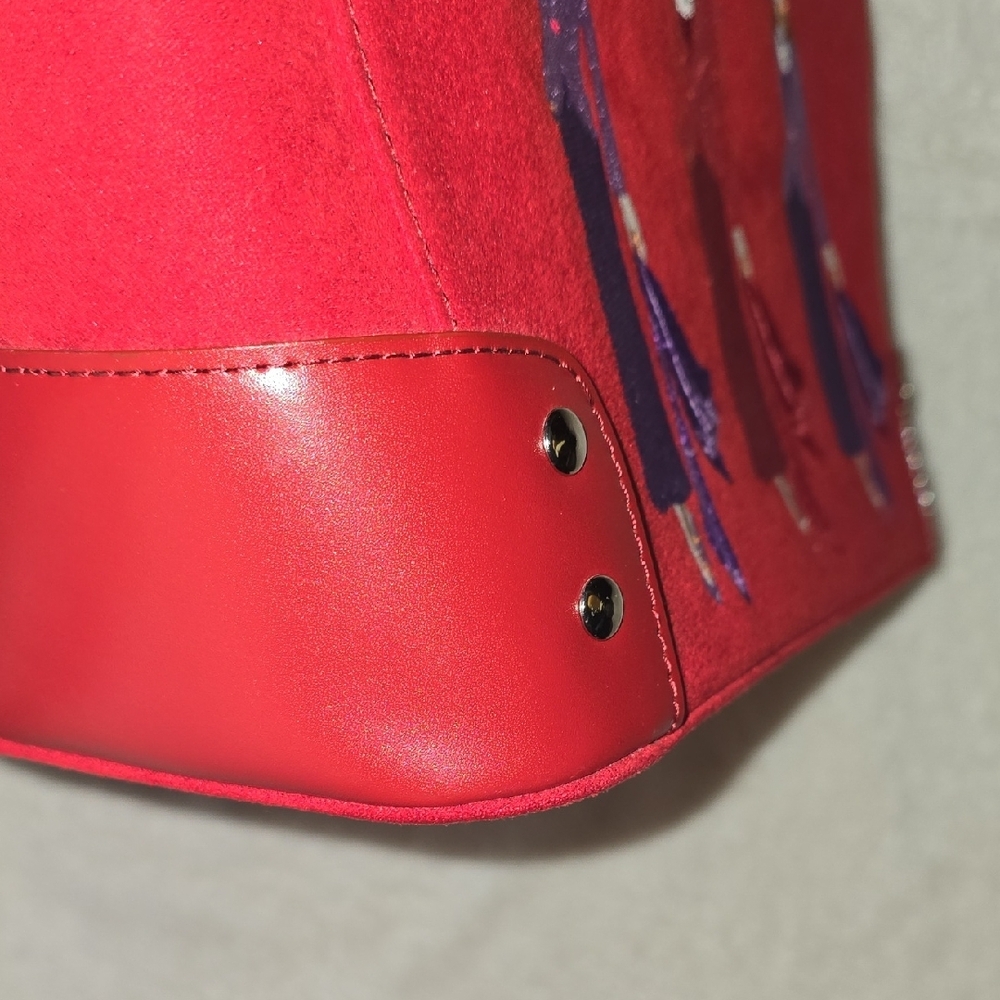 Sandol Living Fashion Red Faux Suede Embroidered Handbag - Picture 3 of 11